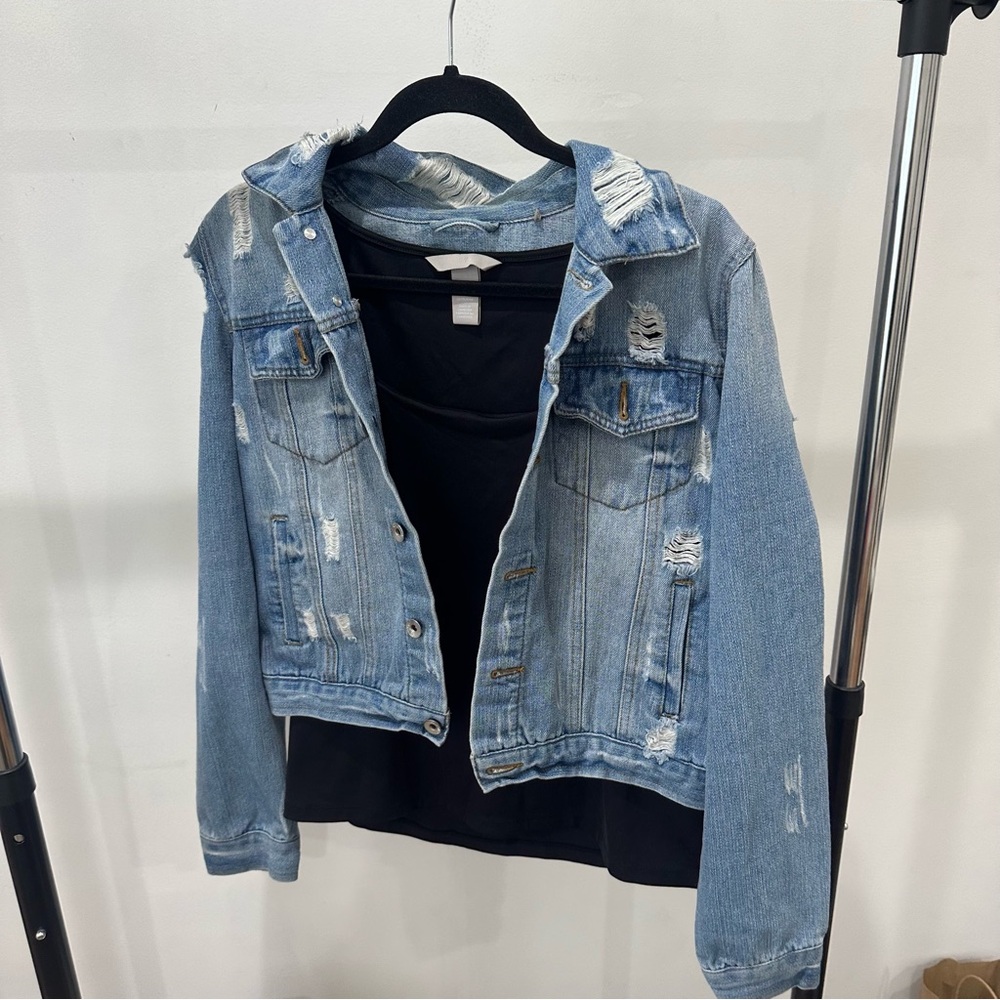 Distressed Denim Jacket + H&M Tank